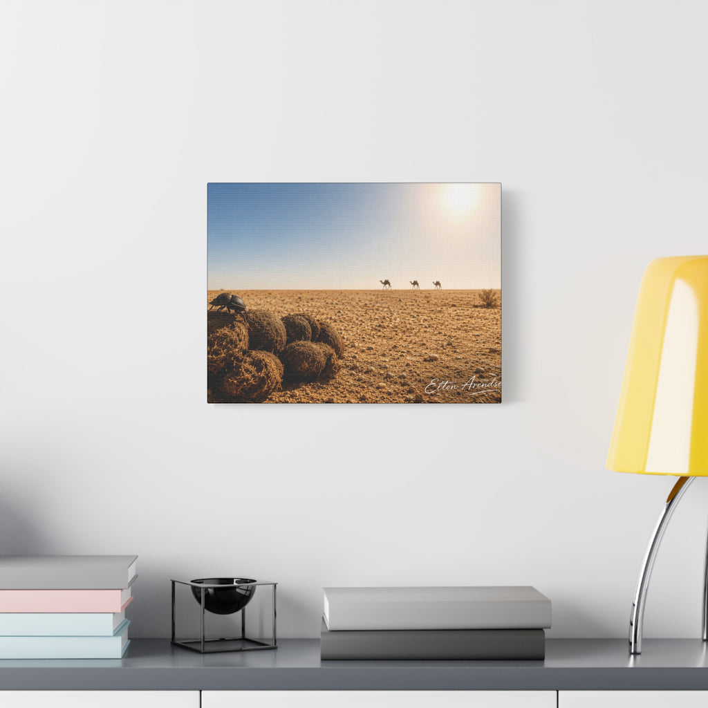 Desert Dunes Canvas Print — Sunlit Tumbleweeds & Distant Camels Matte Wall Art