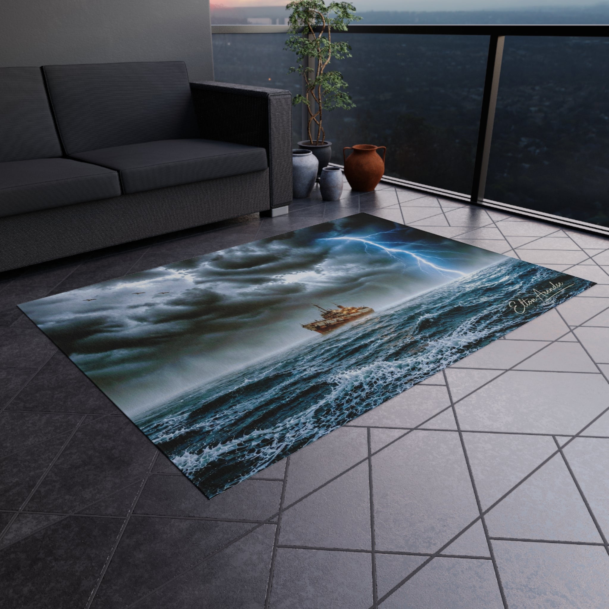 Stormy Seas Outdoor Rug — Nautical Ship Lightning Ocean Decor