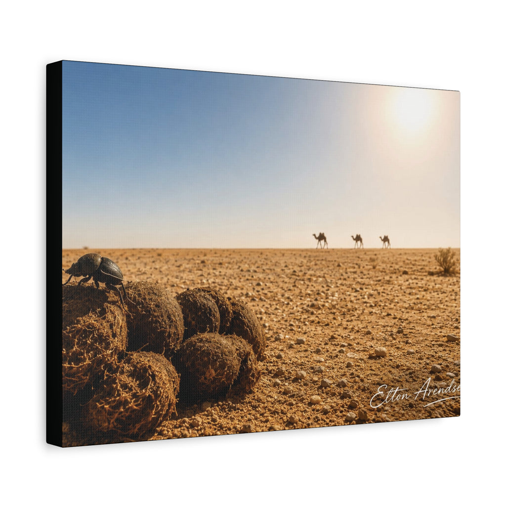Desert Dunes Canvas Print — Sunlit Tumbleweeds & Distant Camels Matte Wall Art