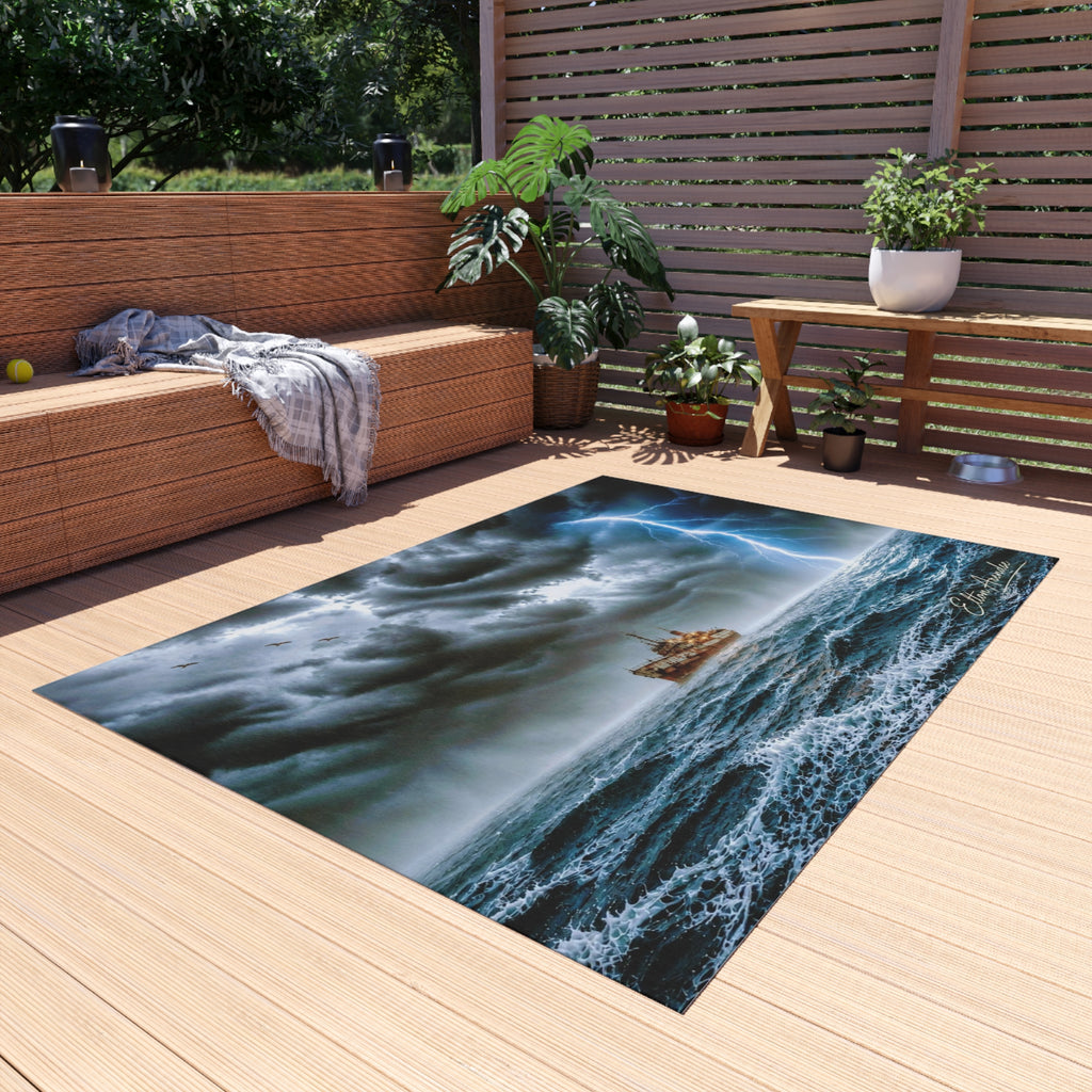 Stormy Seas Outdoor Rug — Nautical Ship Lightning Ocean Decor