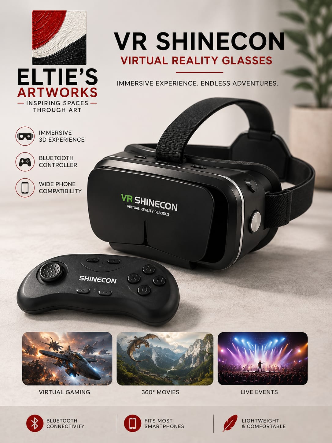 VR Shinecon Virtual Reality Headset with Bluetooth Remote Joystick